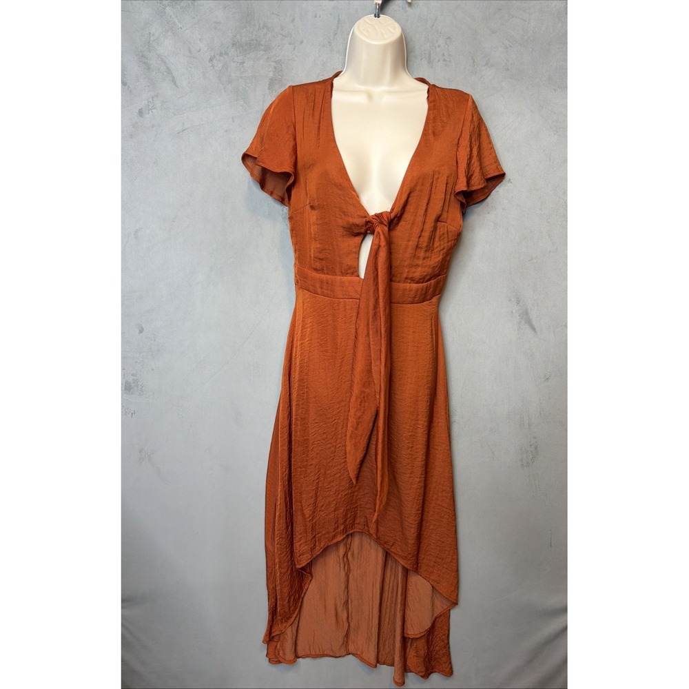 Francesca's Women M Rust Orange Tie Front High Low Midi Dress Short Sleeve